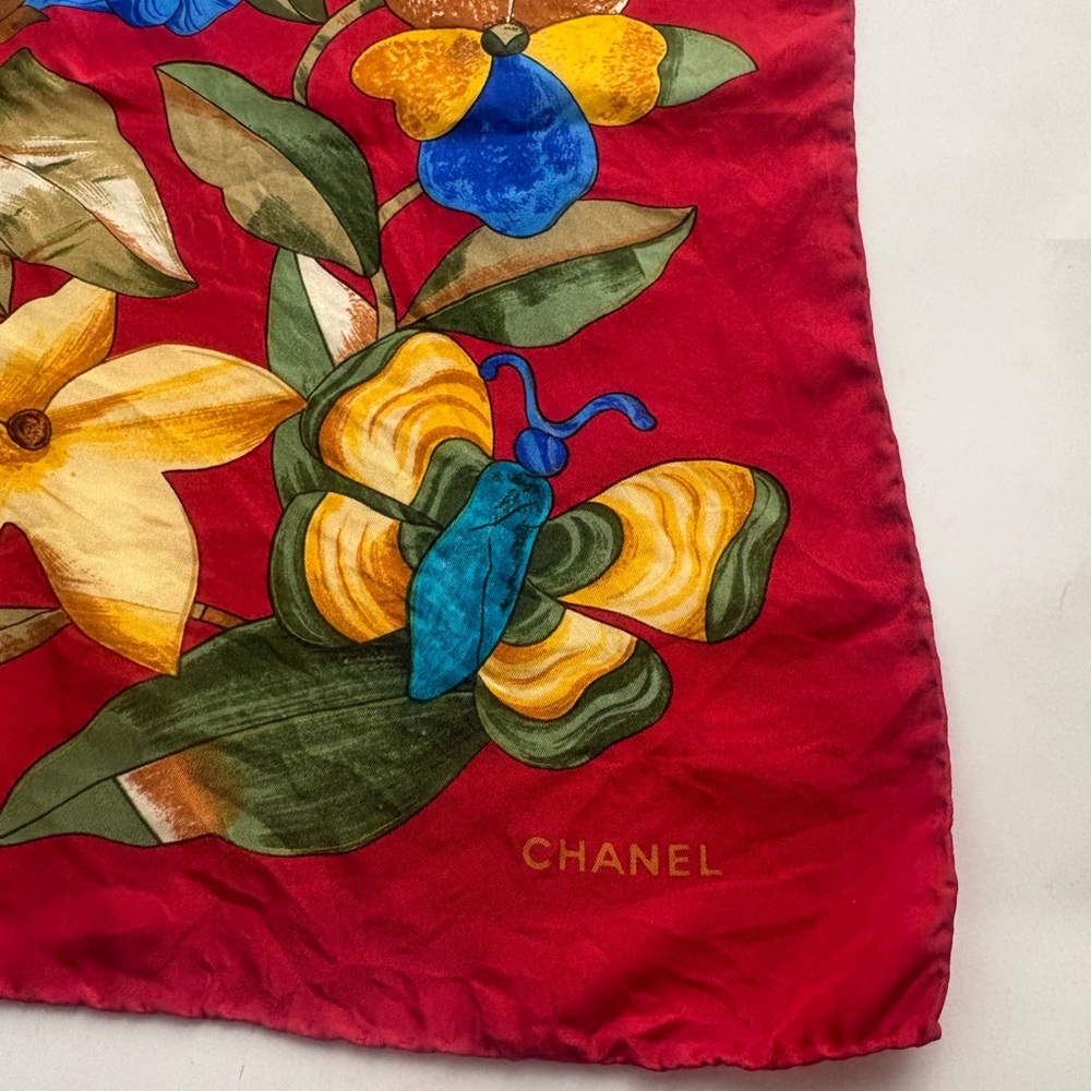CHANEL Floral Scarf in Red, Blue, and Yellow